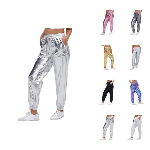 Metallic Pants Women 2026 Trendy Hop Wet Look Jogger Sweatpants Rave Dance Pants Holographic Glitter Pants with Pockets