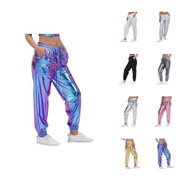 Metallic Pants Women 2026 Trendy Hop Wet Look Rave Dance Pants Holographic Glitter Pants Jogger Sweatpants with Pockets