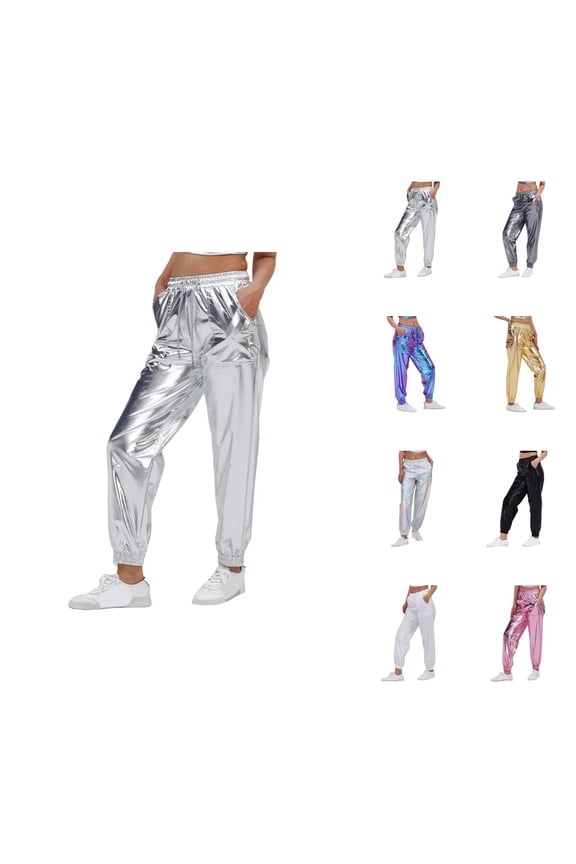 Metallic Pants Women 2026 Trendy Hop Wet Look Jogger Sweatpants Holographic Glitter Pants Rave Dance Pants with Pockets