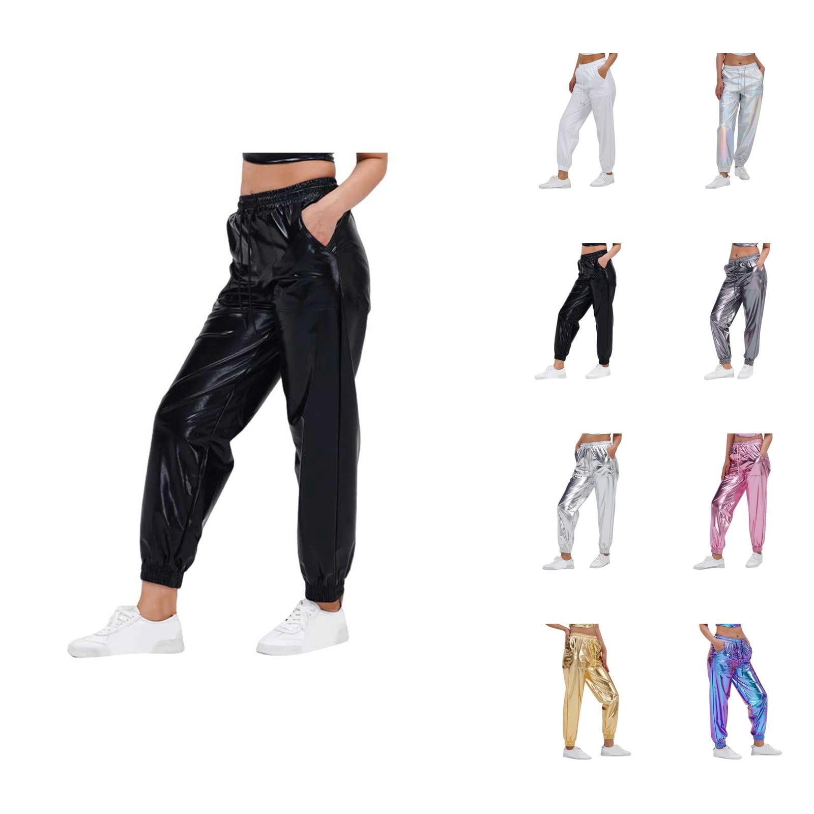 Metallic Pants Women 2026 Trendy Hop Wet Look Rave Dance Pants Holographic Glitter Pants Jogger Sweatpants with Pockets