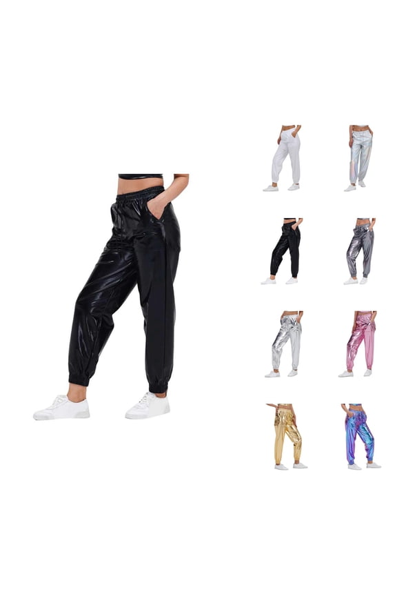Metallic Pants Women 2026 Trendy Hop Wet Look Rave Dance Pants Holographic Glitter Pants Jogger Sweatpants with Pockets