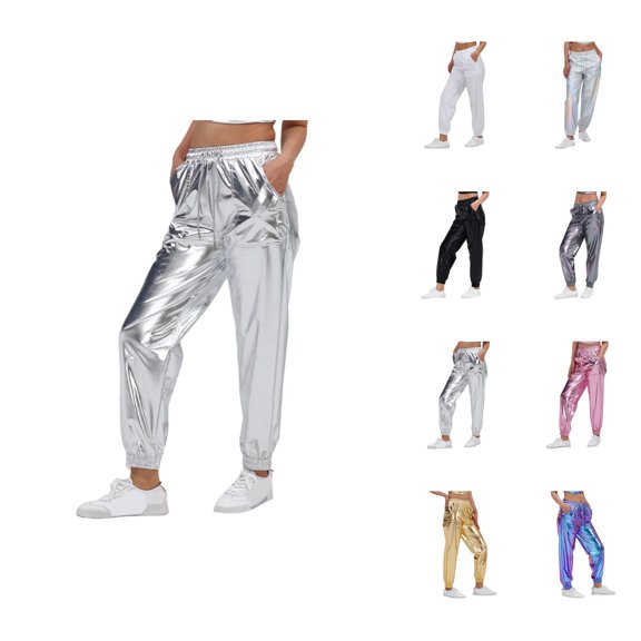 Metallic Pants Women 2026 Trendy Hop Wet Look Rave Dance Pants Holographic Glitter Pants Jogger Sweatpants with Pockets