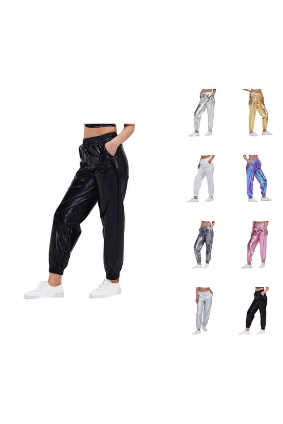 Metallic Pants Women 2026 Trendy Wet Look Hop Holographic Glitter Pants Jogger Sweatpants Rave Dance Pants with Pockets
