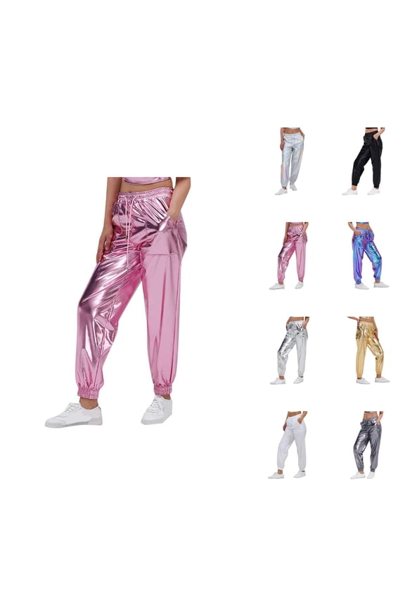 Metallic Pants Women 2026 Trendy Wet Look Hop Holographic Glitter Pants Rave Dance Pants Jogger Sweatpants with Pockets