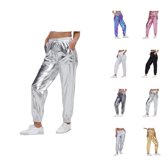 Metallic Pants Women 2026 Trendy Wet Look Hop Jogger Sweatpants Holographic Glitter Pants Rave Dance Pants with Pockets