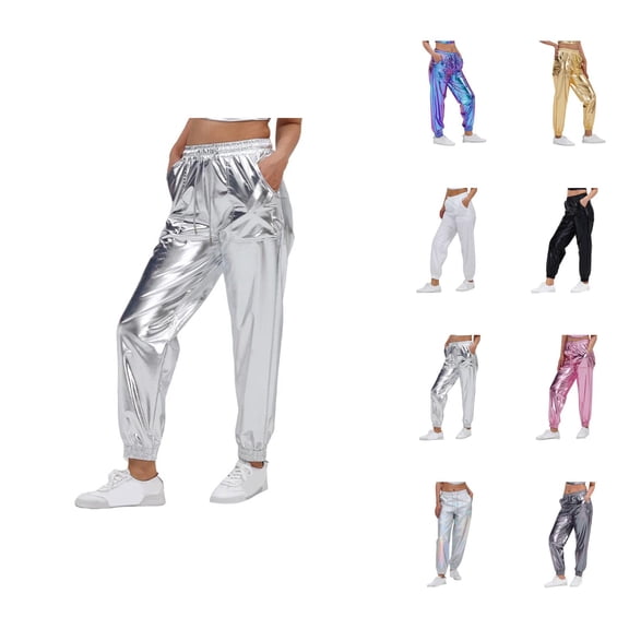 Metallic Pants Women 2026 Trendy Wet Look Hop Jogger Sweatpants Rave Dance Pants Holographic Glitter Pants with Pockets