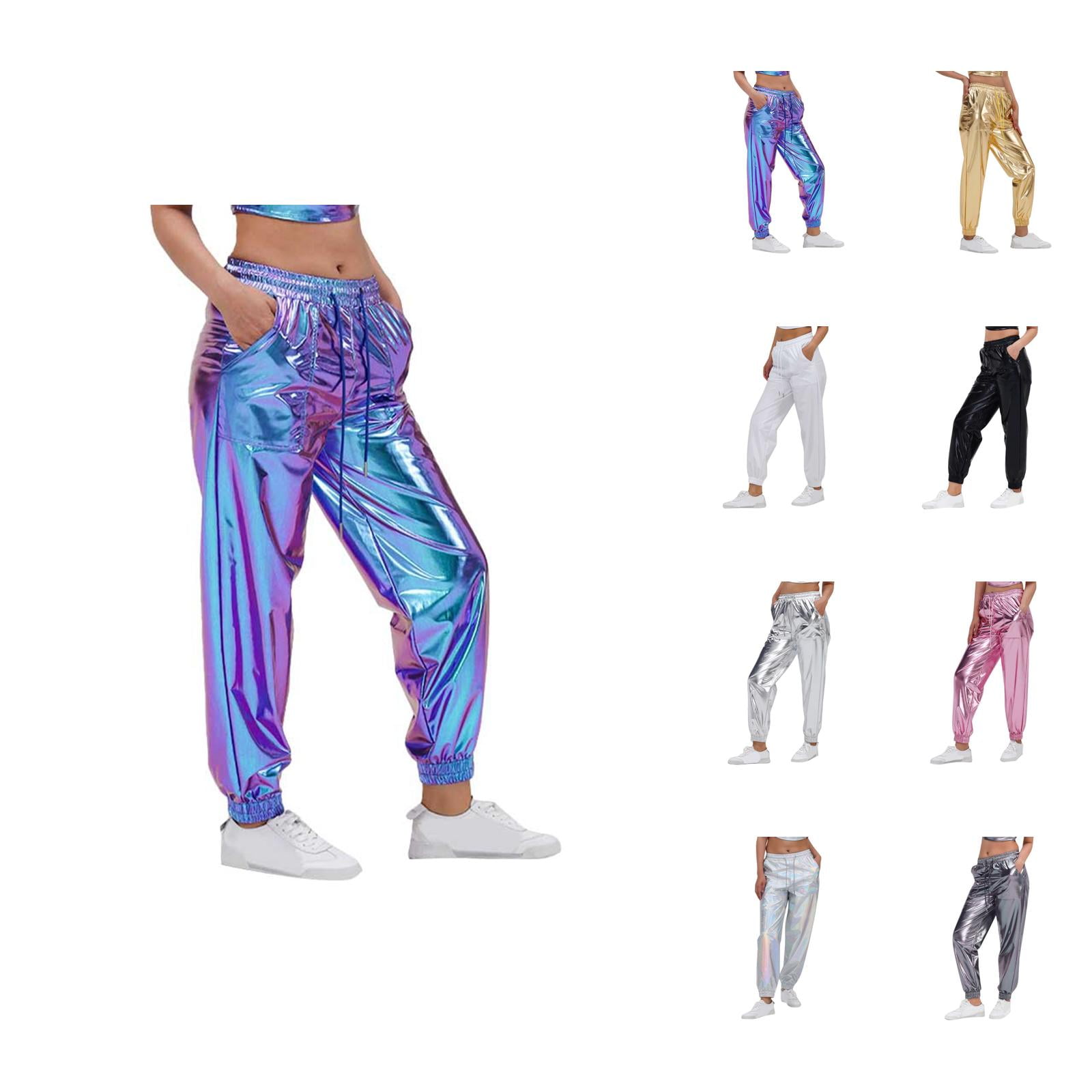 Metallic Pants Women 2026 Trendy Wet Look Hop Jogger Sweatpants Rave Dance Pants Holographic Glitter Pants with Pockets