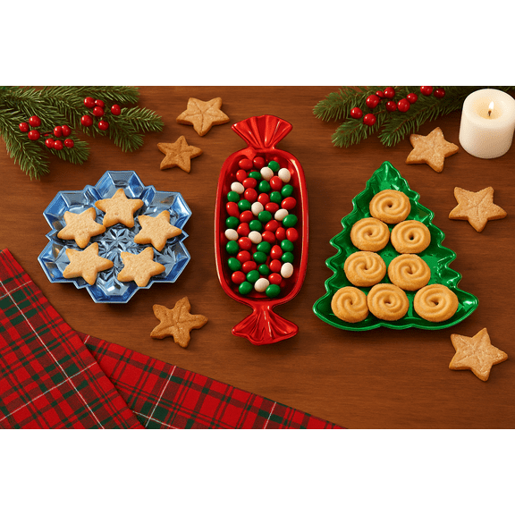 Serving Trays Two-Tone Holiday Shaped Metallic Plastic Snowflake Candy Christmas Tree 3-Piece Set
