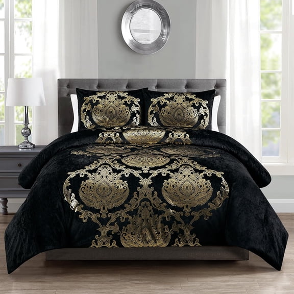 Metallic Print Comforter Set, Distressed with Metallic Foil Print and Brushed Solid Microfiber Reverse, with Light Weight Soft Poly Fill, 3 count Black ,
