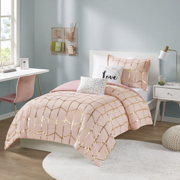 Metallic Print Twin/Twin XL Comforter Set for Bedding by Noaman, Blush Polyester, 4 Pieces with Sham and Pillows