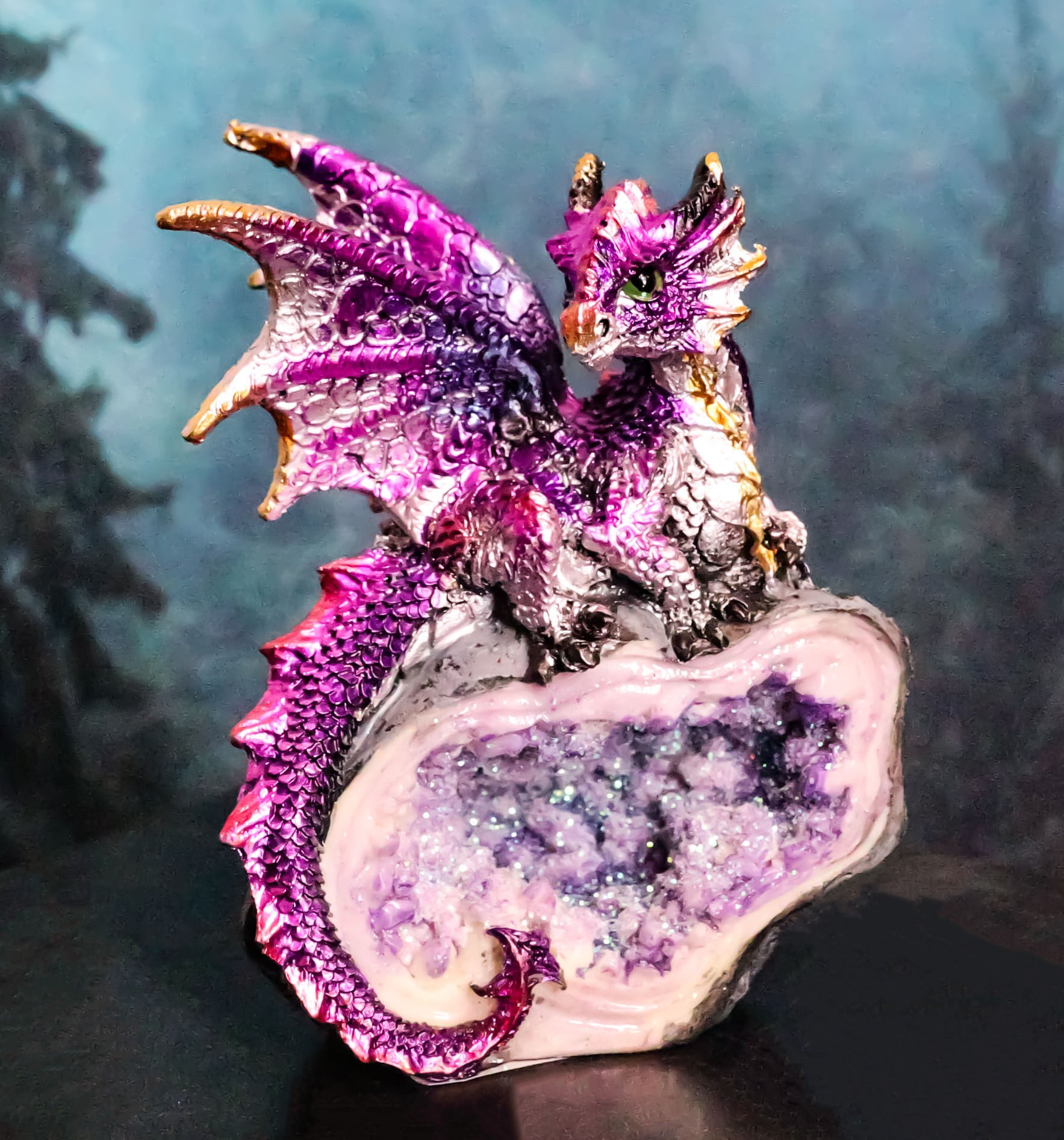 Metallic Purple Iridescent Wyrmling Dragon On Faux Geode Crystal
