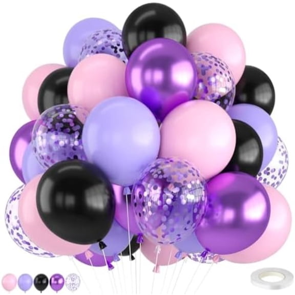 Metallic Purple Pink Balloons,12 Inch Pink Purple and Black Balloon with Confetti Balloons,for Girl Birthday Baby Shower Bachelorette Party Decorations