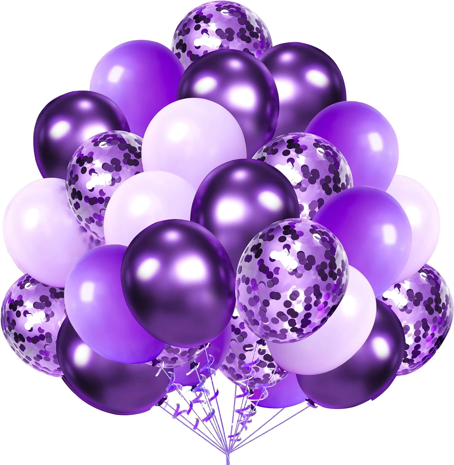 Metallic Purple and Premium Latex Lavender Lilac Balloons 60 Pack 12inches Confetti with Ribbons Set for Birthday Bridal Shower Wedding Party Decorations