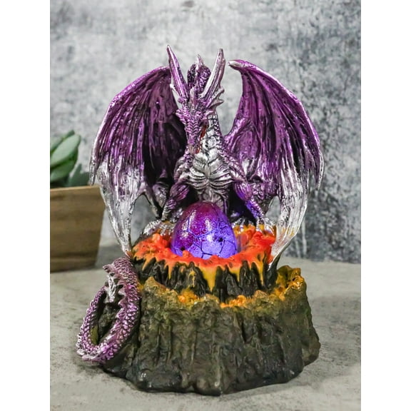 Metallic Purple Silver Volcano Dragon Mother Guarding LED Lighted Egg Figurine