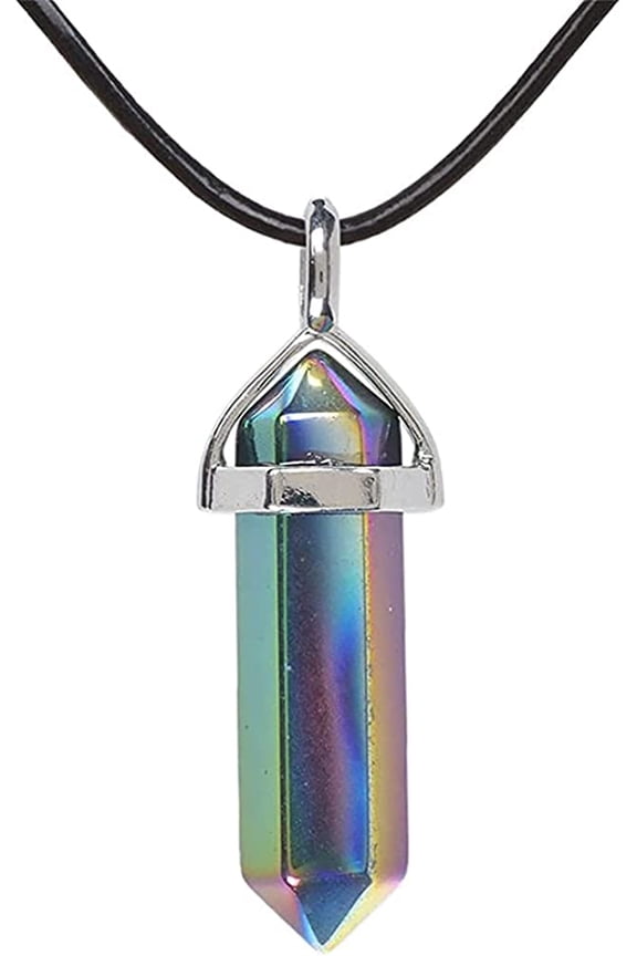 Metallic Rainbow Coated Hematite Gemstone Hexagonal Pointed Reiki Chakra Pendant Genuine Leather Necklace 18 Inch