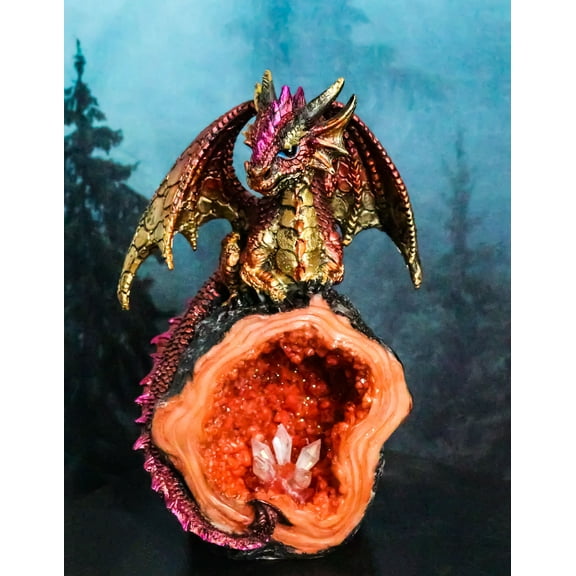 Metallic Red Iridescent Dragon On Faux Geode Rock Quartz Crystal Cove Figurine
