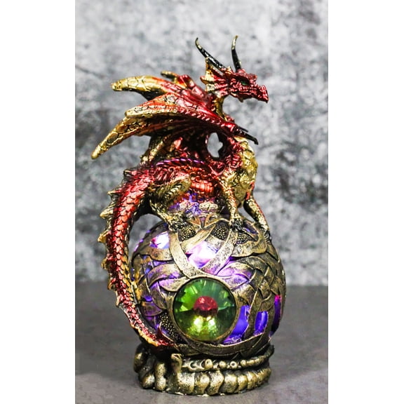 Metallic Red Volcano Dragon Perching On Colorful LED Orb Night Light Figurine