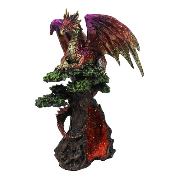Metallic Red and Gold Dragon On Giant Tree With Faux Crystal Geode Core Figurine