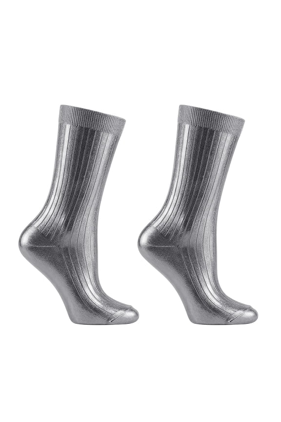 Metallic Ribbed Socks,Shiny Laminated Hosiery,Fashion Luxury Socks,Elegant Shiny Metallic Ribbed Laminated Socks Smooth Elastic Breathable Luxurious Texture Hosiery for Dress Fashion,Silver