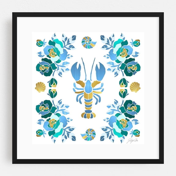 Metallic and Roses Lobster - Wyckoff New Jersey Digital Art Lobster Floral Marine Life Nautical Coastal Beach House Pattern Black Framed Wall Art Print 8 x 8 inches