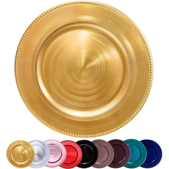 Metallic Round Charger Plates 10PCS, 13inch Plastic Beaded, bulk wedding, Dinner, Party, Event, Decoration(Gold 10)