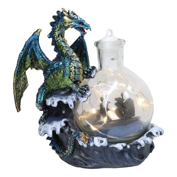 Metallic Sea Dragon Rising Above Waves by LED Glass Bottle With Ship Figurine
