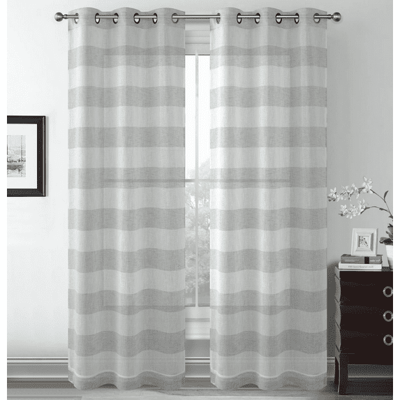 Metallic Semi Sheer Rugby Striped Grommet Top Window Curtains - Assorted Colors
