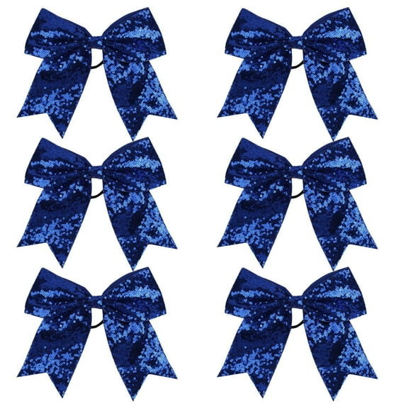 Metallic Sequin and Holographic 8 Inch Cheer Bow Cheerleader Cheerleading Jumbo Cheer Bow Hair Tie(Blue Sequin)6 Pcs