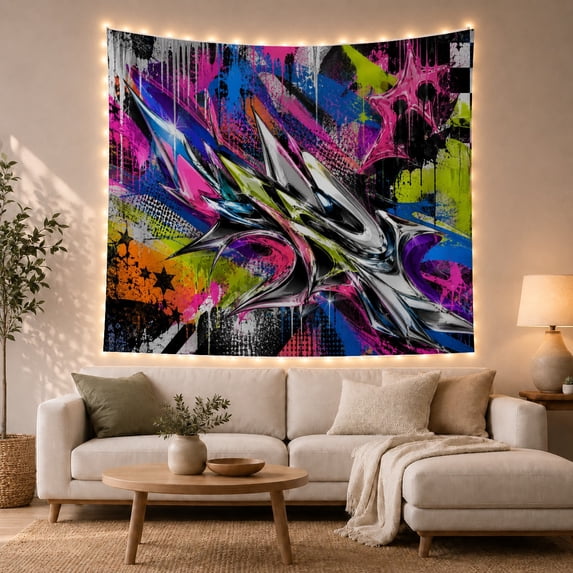 Metallic Shards Amid Neon Splashes and Stars, Dramatic Abstract for Graffiti Fans, Geometric Decor, Housewarming Gift, Tapestry Wall Hanging for Studio and Living Room