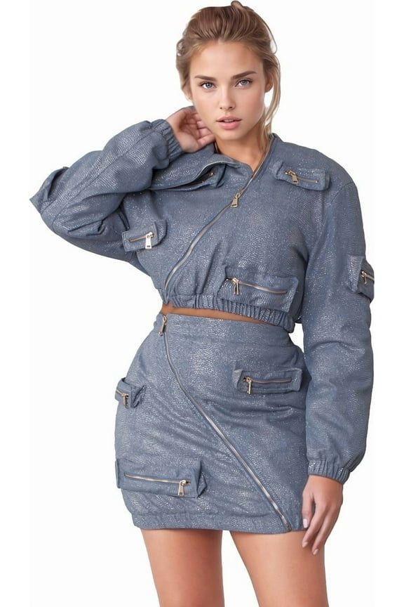 Metallic Shimmer Cropped Bomber Jacket