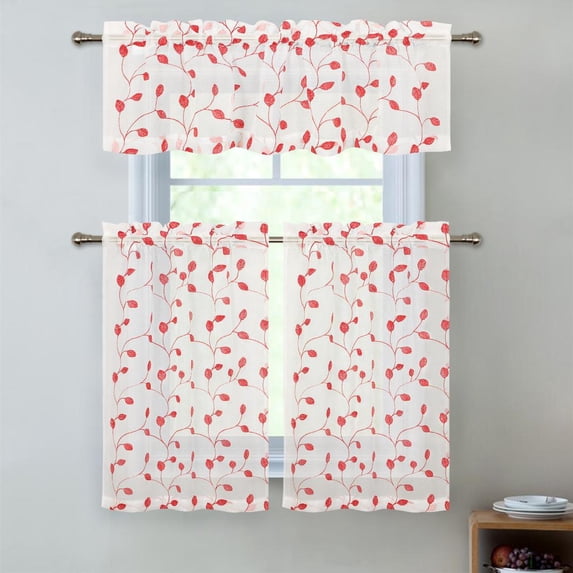 Metallic Shimmer Embroidered Floral Complete Kitchen Curtain Tier & Valance Set - Red