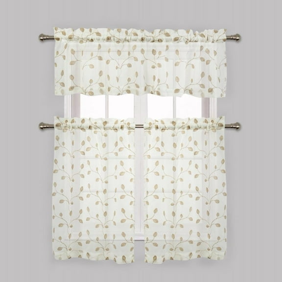 Metallic Shimmer Embroidered Floral Complete Kitchen Curtain Tier & Valance Set - Taupe