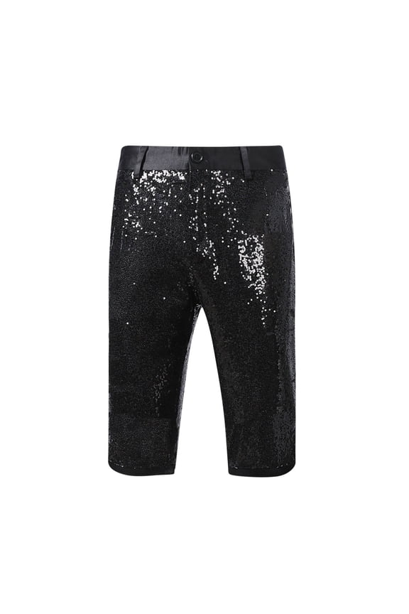 Metallic Shimmer Sequin Shorts for Men, Shiny Disco Rave Party Short Pants 10" Inseam Regular Fit Knee Length Performance Bottoms for Stage Clubwear No Pocket Design