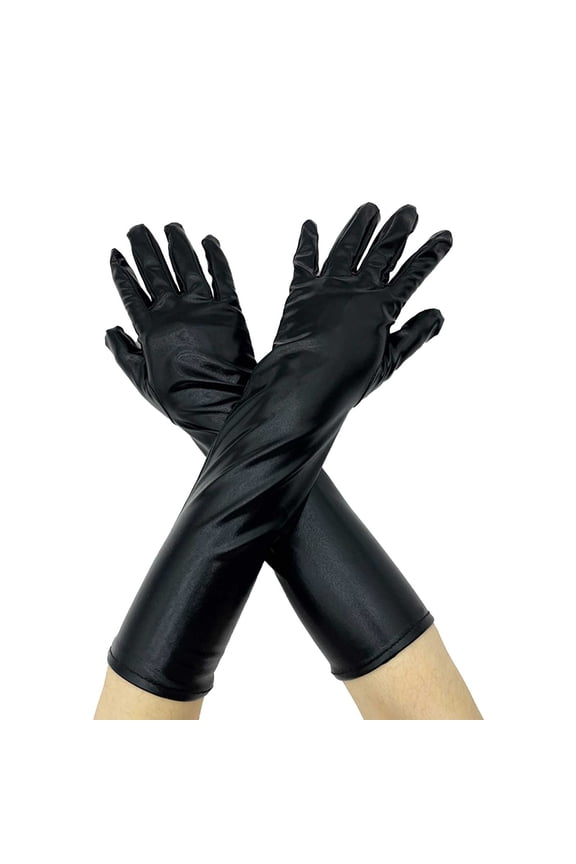 Metallic Shiny Long Gloves for Cosplay and Costume, Sparkle Glitter Evening Opera Gloves for Role Play, Stretchable Gloves for Halloween Party, Stage Performance Accessories for Adults and Teen Black