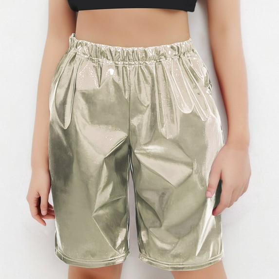 Metallic Shorts for Girls Solid Color Dance Bermuda Short Pants Kids Shiny Party Clothes High Wasit Trousers