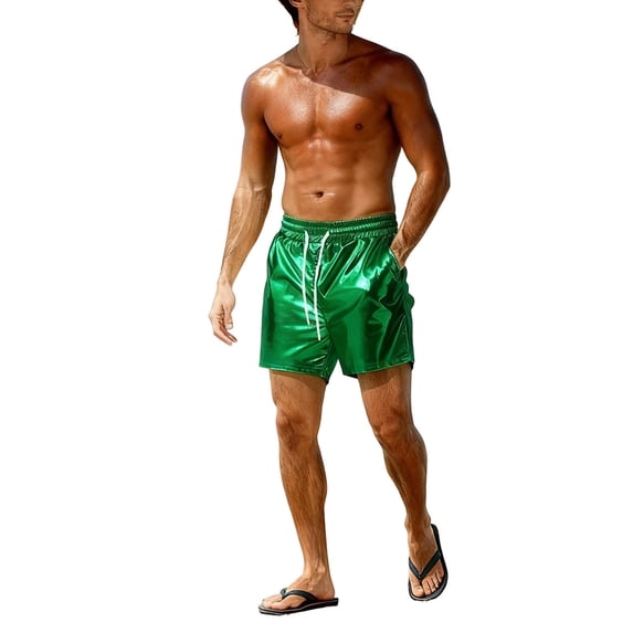 Metallic Shorts for Men Big & Tall Elastic Drawstring Summer Disco Shiny Sparkly Hot Short with Pocket (3XL, Green)
