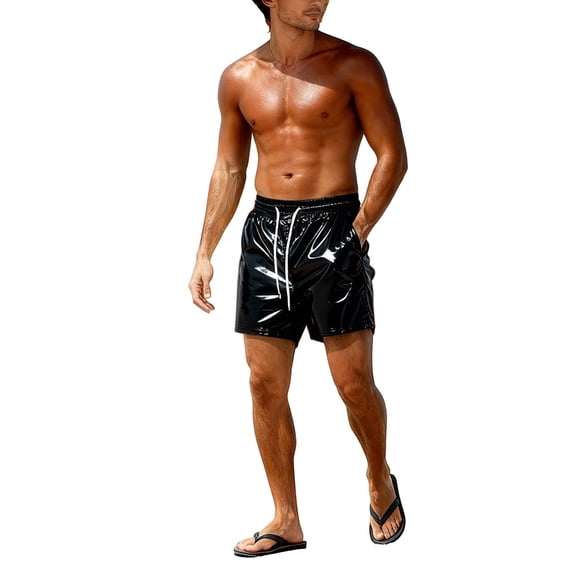 Metallic Shorts for Men Big & Tall Elastic Drawstring Summer Disco Shiny Sparkly Hot Short with Pocket (L, Black)