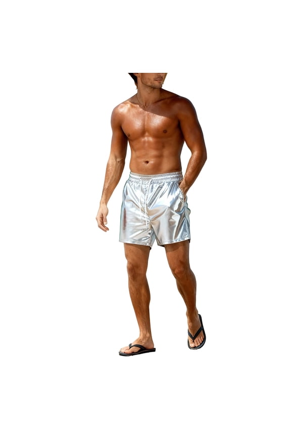 Metallic Shorts for Men Big & Tall Elastic Drawstring Summer Disco Shiny Sparkly Hot Short with Pocket (XL, Silver)
