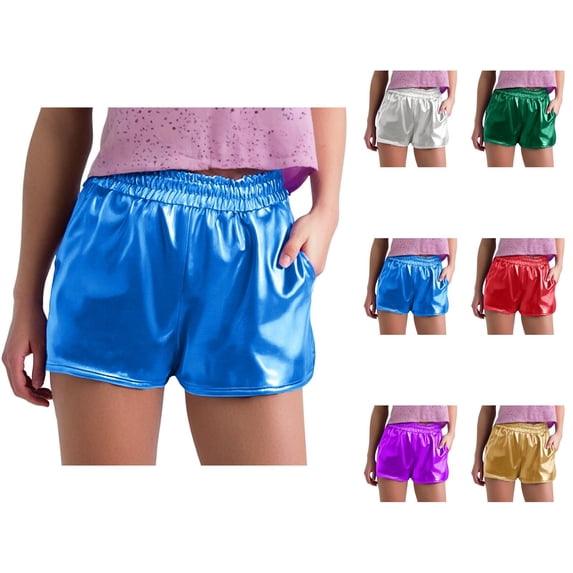 Metallic Shorts for Women 2026 Summer Elastic Waist Shiny Pu Leather Sparkle Shorts with Pockets for Disco Party Clubwear