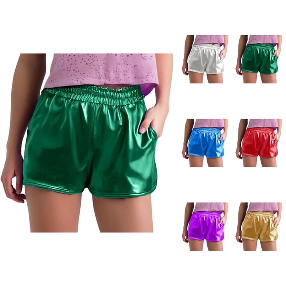 Metallic Shorts for Women 2026 Summer Elastic Waist Shiny Pu Leather Sparkle Shorts with Pockets for Disco Party Clubwear