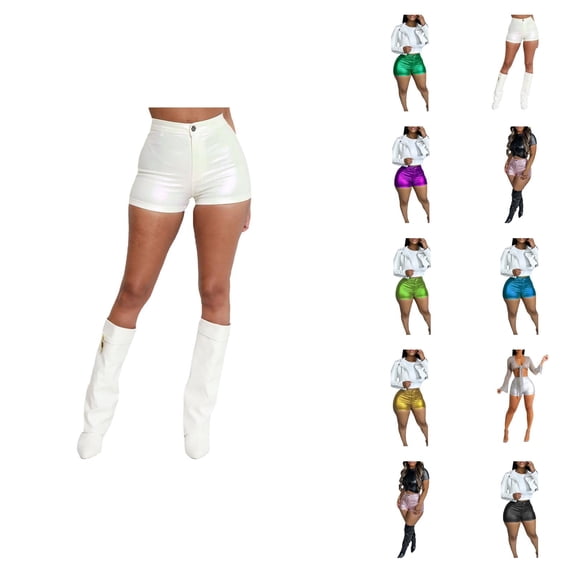Metallic Shorts for Women 2026 Summer High Waist Shiny Pu Leather Sparkle Bodycon Shorts for Disco Party Clubwear