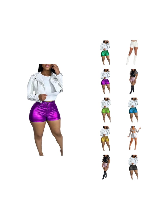 Metallic Shorts for Women 2026 Summer High Waist Shiny Pu Leather Sparkle Bodycon Shorts for Disco Party Clubwear