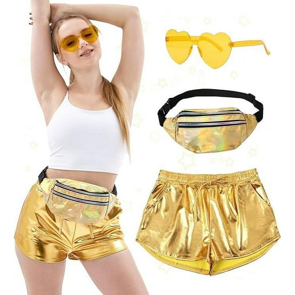 Metallic Shorts for Women Elastic Drawstring Shiny Hot Short Sparkly Rave Party Pants with Sunglasses and Metallic Fanny Pack-Large