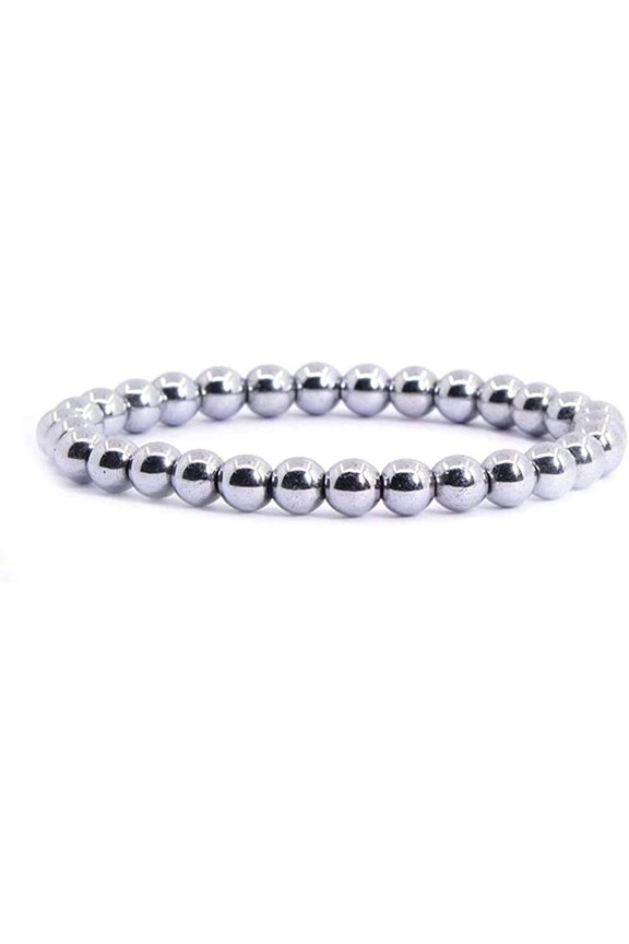 Metallic Silver Coated Hematite Gemstone 6mm Round Beads Stretch Bracelet 6.5" Unisex