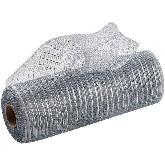 Metallic Silver Deco Mesh Decor - 10" x 10 Yards, Christmas Ribbon Roll, Wreath, Anniversary, Wedding, Swag, Tree Topper, Bows, Garlands, Presents, Birthday, NYE