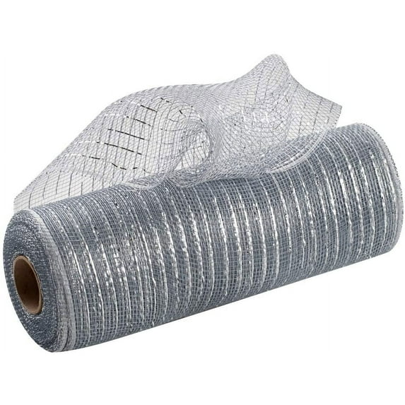 Metallic Silver Deco Mesh Decor - 10" x 10 Yards, Christmas Ribbon Roll, Wreath, Anniversary, Wedding, Swag, Tree Topper, Bows, Garlands, Presents, Birthday, NYE