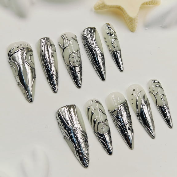 Metallic Silver Hand-Painted Press-on Nails with Elegant Design