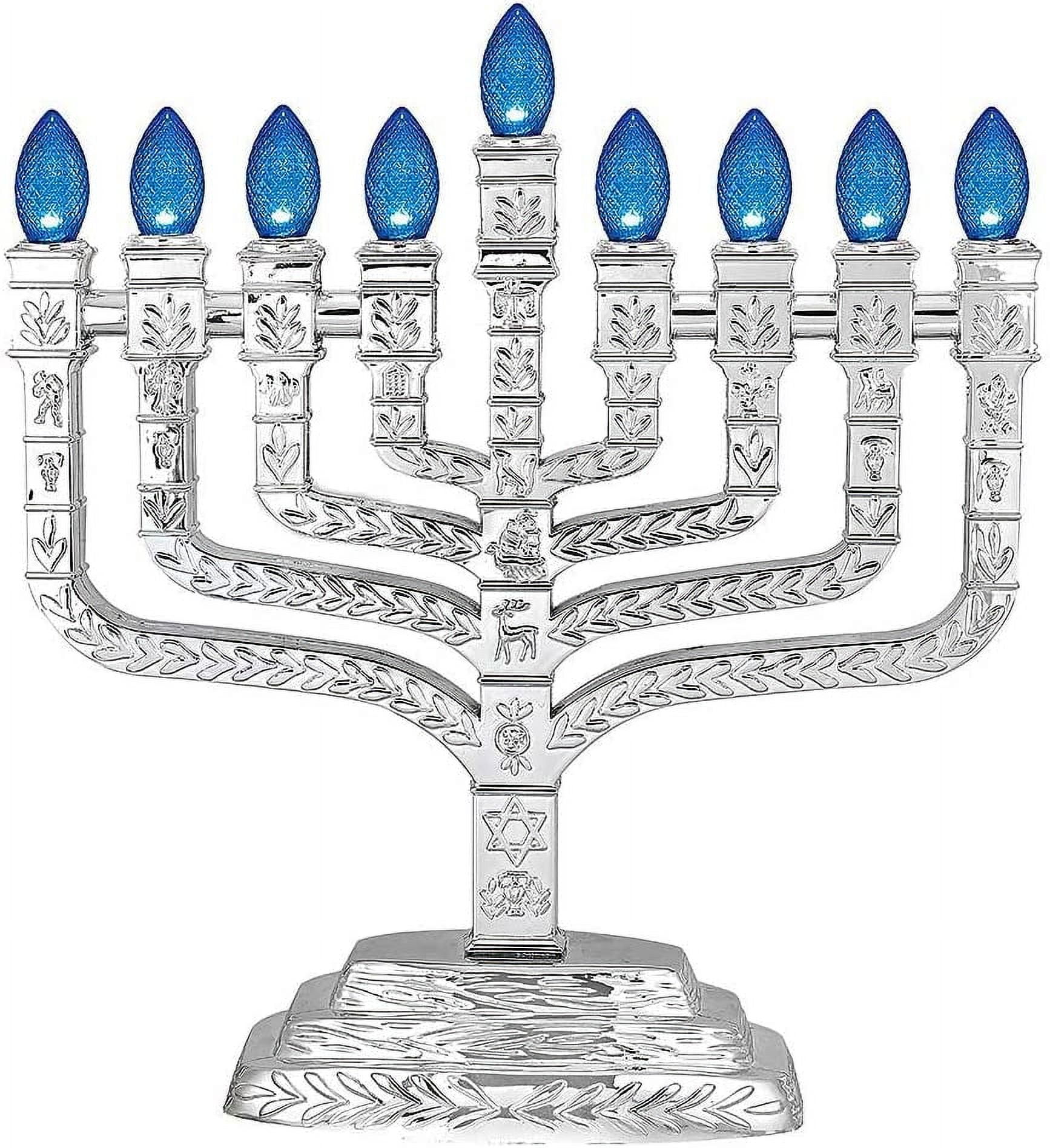 Metallic Silver LED Electric Hanukkah Menorah Knesset Style Chanukiah with 12 Tribes of Israel