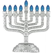 Metallic Silver LED Electric Hanukkah Menorah - Knesset Style Chanukiah with 12 Tribes of Israel - USB Powered Wall Adaptor and Cord Included by Aviv Judaica