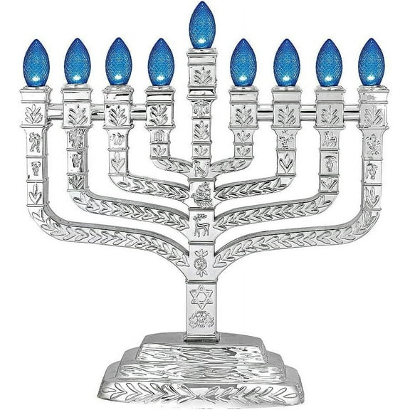 Metallic Silver LED Electric Hanukkah Menorah - Knesset Style Chanukiah with 12 Tribes of Israel - USB Powered Wall Adaptor and Cord Included by Aviv Judaica